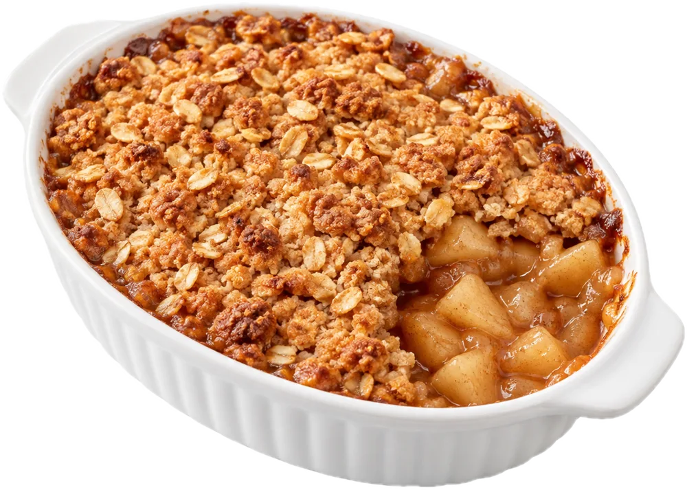 Warme appelcrumble met havervlokken in een ovenschaal