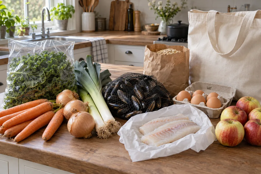 Boodschappen op het aanrecht: boerenkool, prei, wortels, mosselen, vis, eieren en appels