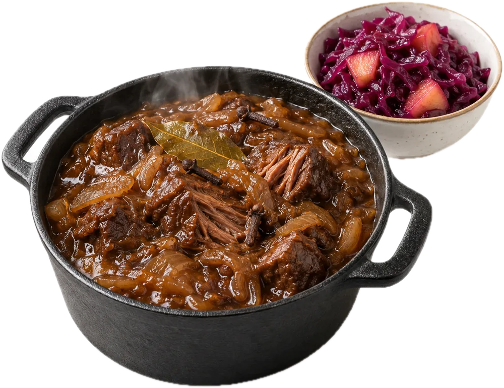Hachee met veel gestoofde ui in een gietijzeren pan, met rode kool en appel