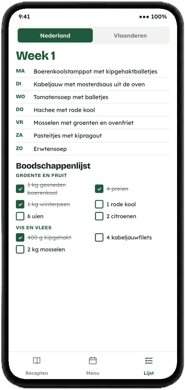 De boodschappenlijst van week 1 op een telefoon, met Nederland en Vlaanderen