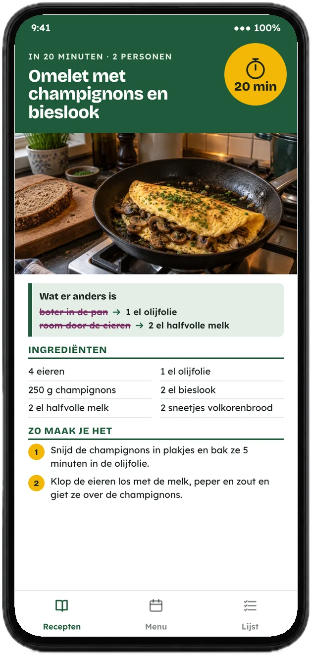 Het recept omelet met champignons en bieslook op een telefoon