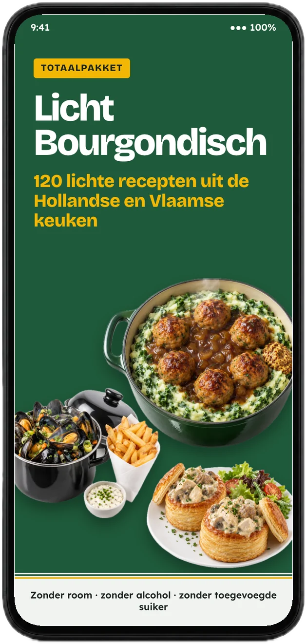 Voorkant van het receptenboek Licht Bourgondisch op een telefoon