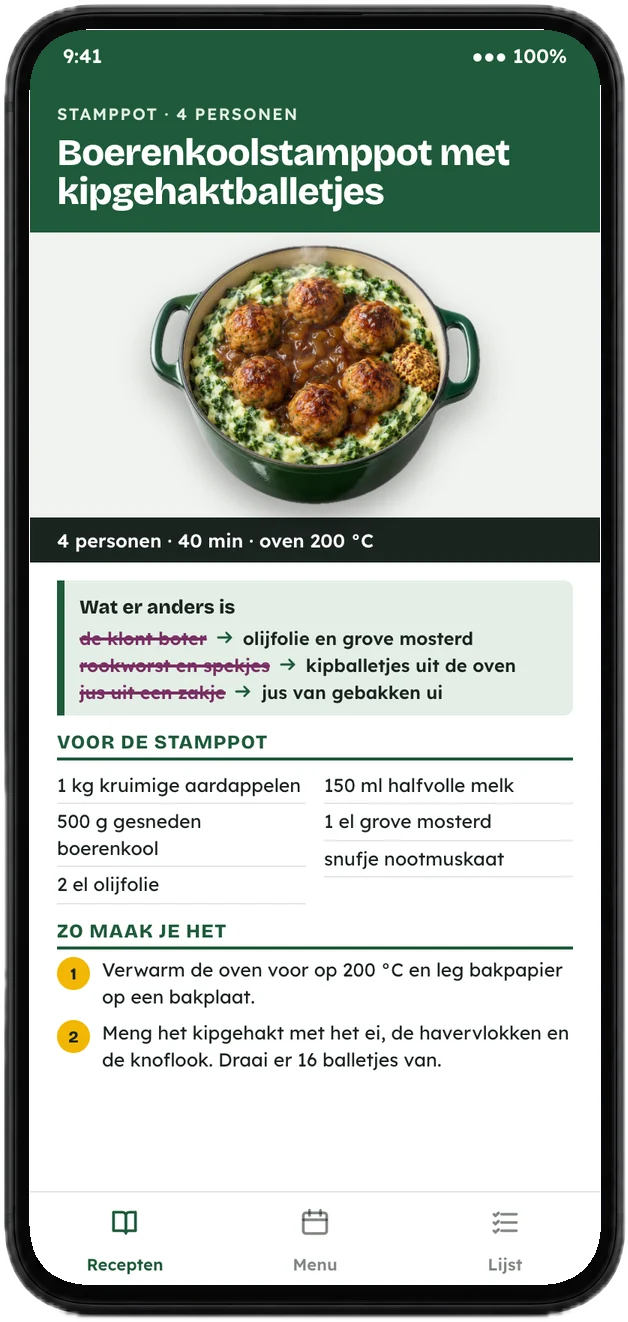 Het recept boerenkoolstamppot in de app op een telefoon