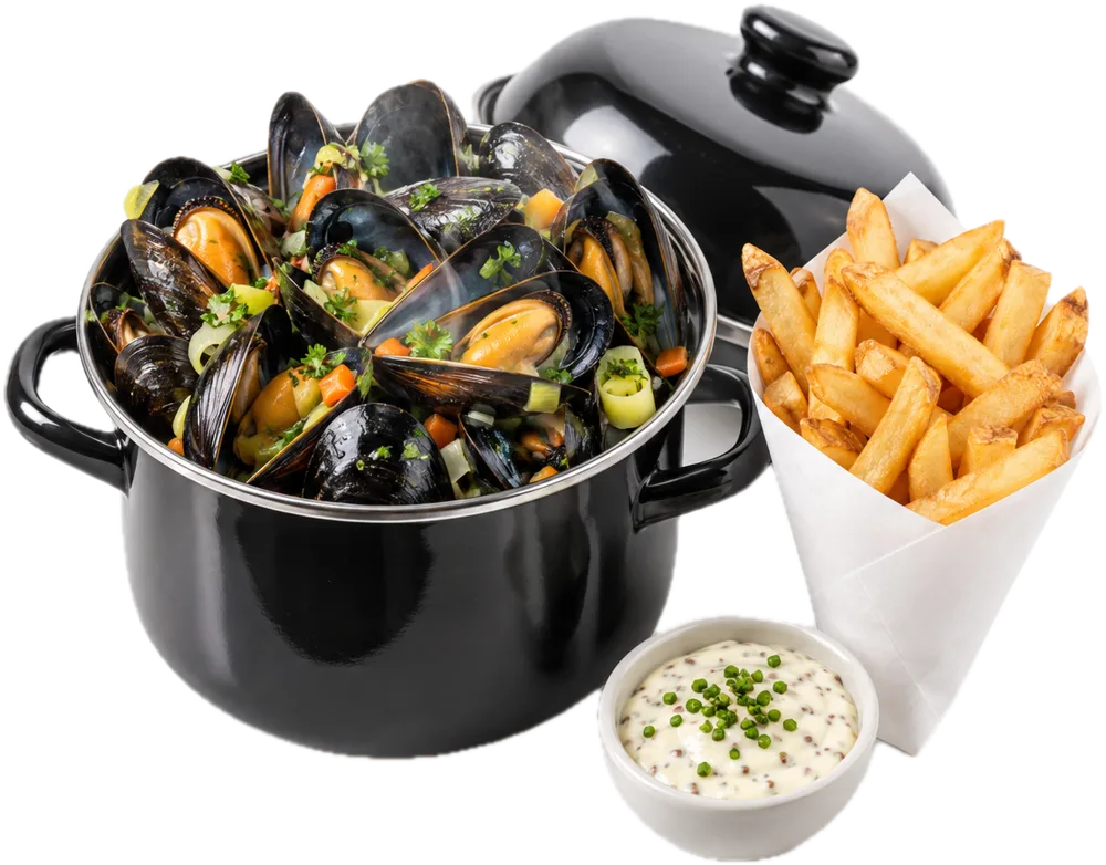 Zwarte mosselpan met mosselen en groenten, een puntzak ovenfriet en een dipsausje