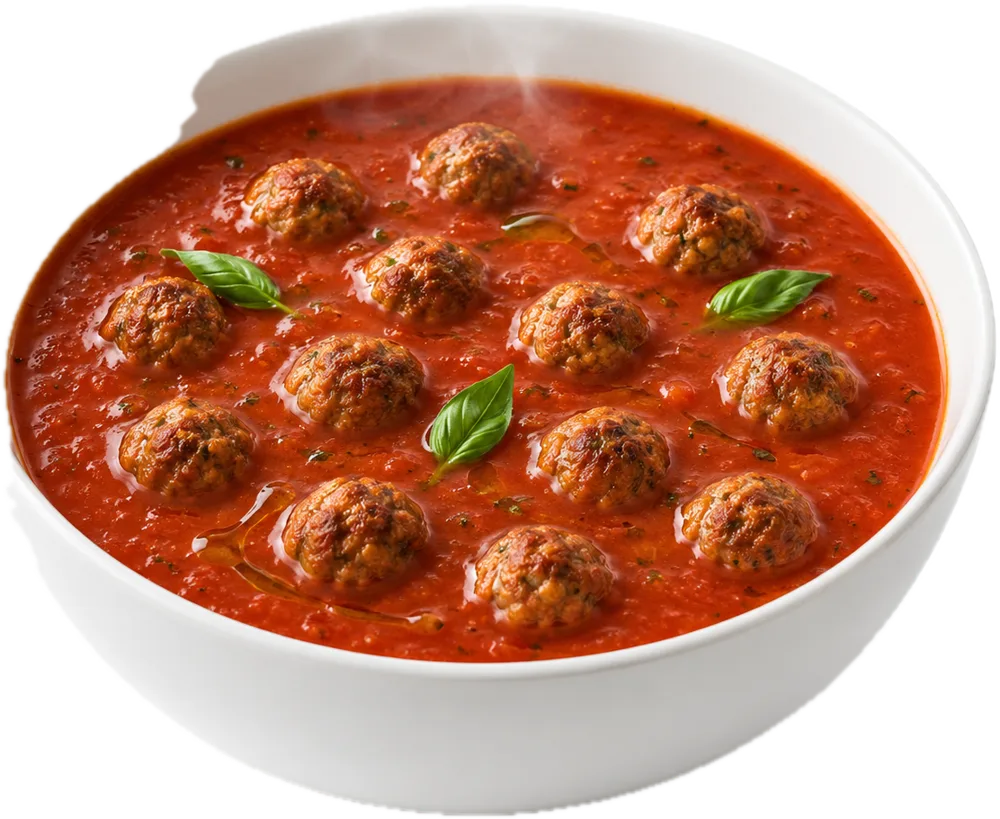 Diepe kom tomatensoep met kleine balletjes en basilicum