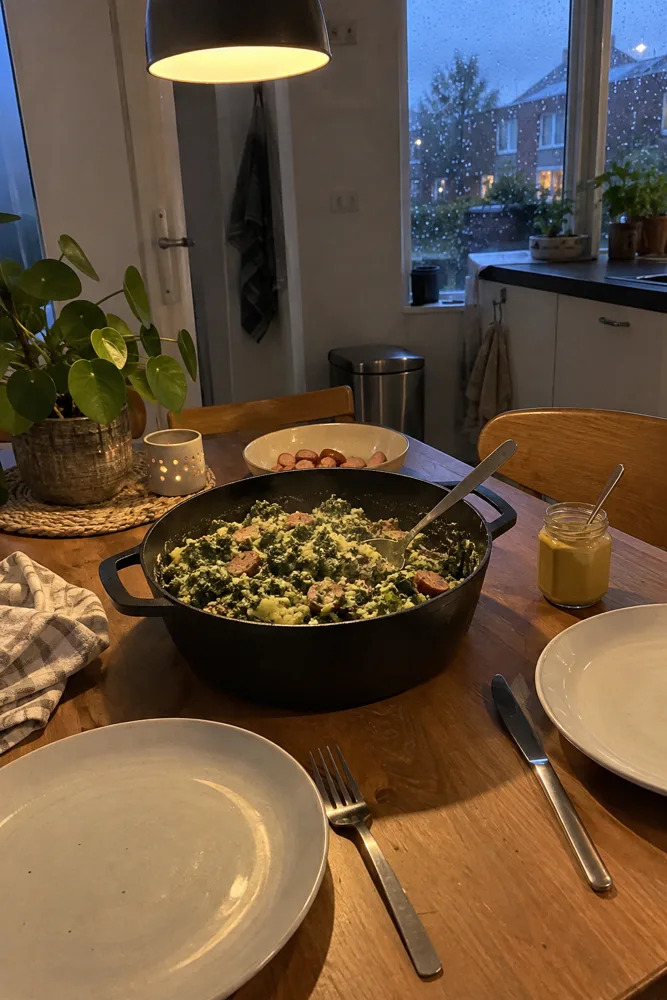 Een pan boerenkoolstamppot midden op de keukentafel, met borden en mosterd