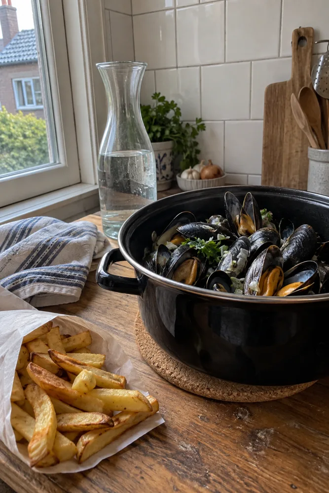 Een mosselpan en een puntzak ovenfriet op een houten tafel bij het raam