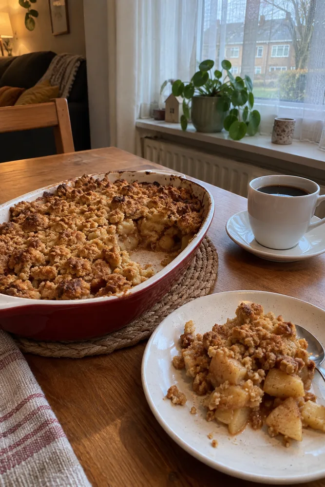 Warme appelcrumble met een kop koffie aan tafel bij het raam